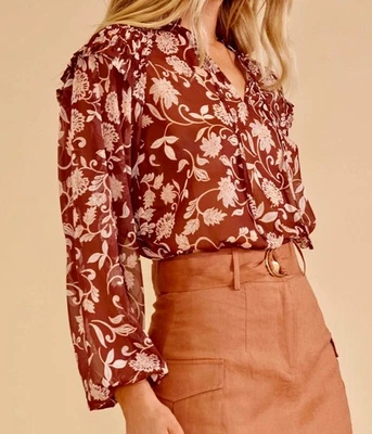 MINKPINK ~ New! "Wren" Brown Floral Sheer Long Sleeve Smocked Ruffled Top NWT S - Image 1 of 4