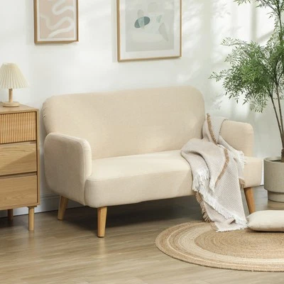 HOMCOM 2 Sitzer Sofa, Kleine Couch mit Samtoptik, Holzbeine für Wohnzimmer Creme - Bild 1 von 4