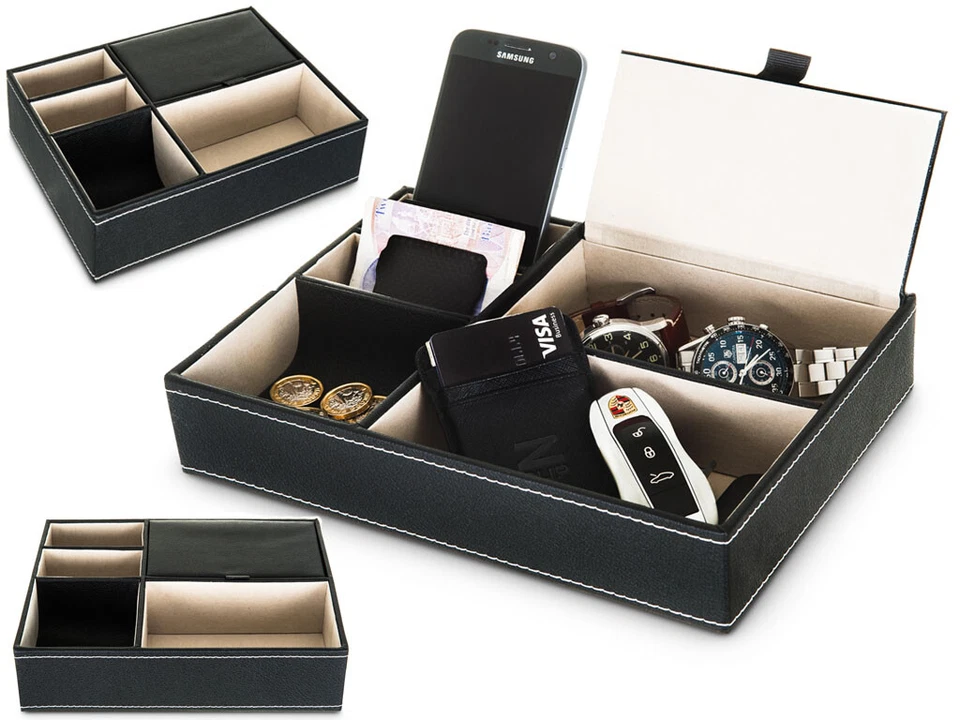 LIVIVO 5 Compartment Leather Valet Organiser - Black (VO776)