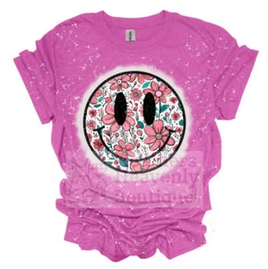Smiley Face Pink Floral Graphic T-Shirt - Picture 1 of 9