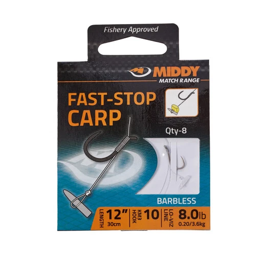 Middy 2 X 8pk Veloce Stop Carpa 30.5cm Ganci IN Nylon Tutti Misura Pesca Tackle - Immagine 1 di 1