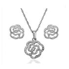 Womens Silver Cubic Zirconia Flower Jewellery Set Studs Earrings & Necklace Gift