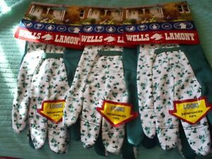 GARDENING WORK GLOVES, 3 PAIRS LADIES GLOVES WELLS LAMONT WITH REINFORCED TIPS