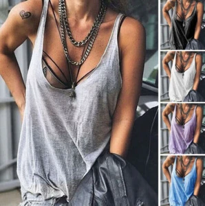 Women's Casual Deep V Neck Sleeveless Solid Color Loose Fit Blouses T-Shirt Tops - Picture 1 of 12