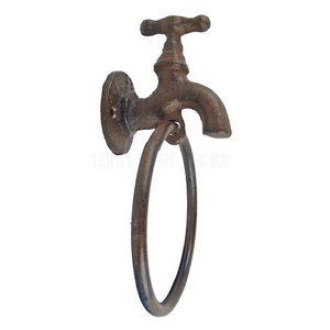 Faucet Spigot Towel Ring Hanger Rustic Cast Iron Antique Style Wall Mounted - Picture 1 of 4