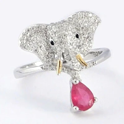 Echter Rubin Elefanten Ring 925 Sterlingsilber Damen Edelsteine Fingerring Top - Bild 1 von 3