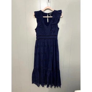 Aqua Navy Floral Cotton Sleeveless Eyelet Lace Ruffle Preppy Midi Dress M - Picture 1 of 9