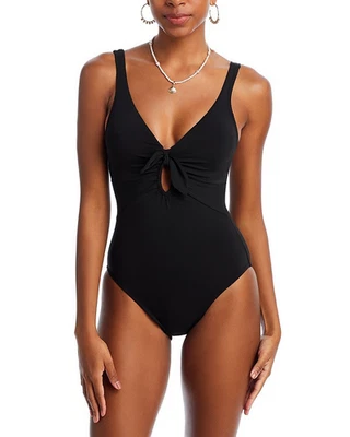 Robin Piccone Ava Plunge Neck Tie-Front One Piece Swimsuit Size 4 New - Image 1 of 4
