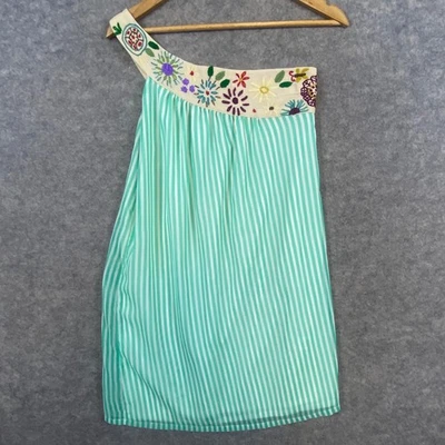 Judith March One Shoulder Dress Striped Embroidered Floral Size S Green White - Image 1 of 4