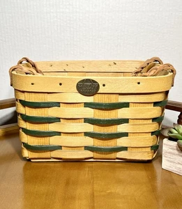 Vintage Peterboro Basket Co geflochtener Holzkorb grüner Akzent Ledergriffe - Bild 1 von 12