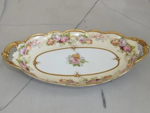 Antico vassoio porcellana floreale Limoges AK CD piatto dorato oro francese - Foto 1 di 10