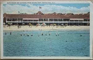 Watch Hill, RI. Bath House and Bathers from Diving Raft - 1920s-30s Postcard - Picture 1 of 2
