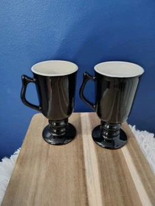 VINTAGE HALL BLACK & WHITE PEDESTAL FOOTED IRISH COFFEE MUGS Set Of 2 - Picture 1 of 4
