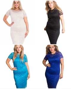 Ladies Plus Size Floral Lace Lined Short Sleeve Bodycon Midi Evening Party Dress - Picture 1 of 10