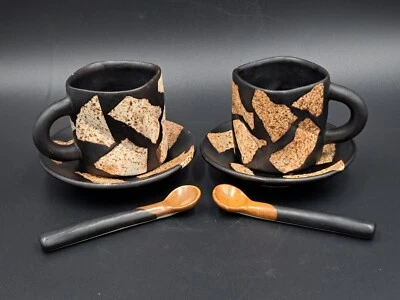 Set 2 Abstract Espresso Tea Cup Plate Spoon Brown Glazed Chinese Unique Gift  - Image 1 of 4