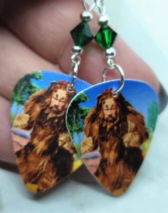 The Wizard of Oz Cowardly Lion Guitar Pick Earrings w Green Swarovski Crystals - Picture 1 of 5