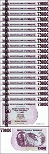 Zimbabwe 750000 Dollars 2007, UNC, 20 Pcs LOT, Consecutive, P-52, Bearer Cheque - Picture 1 of 5