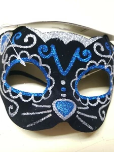 Happy Halloween Masquerade Mask Black Blue Cat Face - Picture 1 of 2