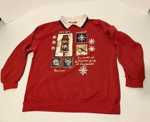 Vintage Bobbie Brooks Sweatshirt XL Winter Birds Collared Granny Snow Warmth Red - Picture 1 of 11