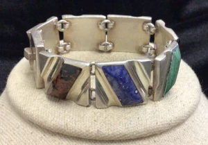 Vintage Sterling 925 Southwestern Wide & Heavy Mineral Stone Bracelet 6.5" P558 - Picture 1 of 4
