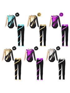 Kids Girls Leotard Rhinestones Set Contrast Outfit Gymnastics Dancewear Sheer - Picture 1 of 62
