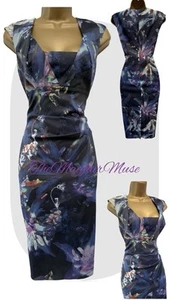 Karen Millen UK12 EU40 US8 Blue Floral Stretch Satin Pencil Dress Wedding, Ascot - Picture 1 of 14
