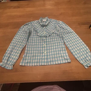 Vintage Levis Shirt Girls 8 Blue Pink Plaid Long Sleeve Ruffle Blouse 70s USA - Picture 1 of 9