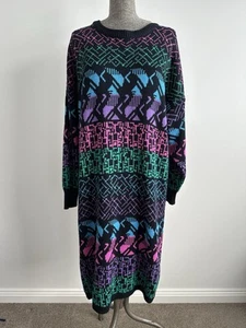 Vintage 80s Mischief Black Rainbow Pattern Knit Jumper Sweater Dress M L XL - Picture 1 of 15