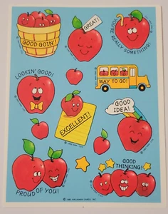 VTG Hallmark Stickers Apples Barrel of Fun Blue Background - Picture 1 of 1