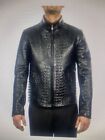 Men’s Real Black Leather Motorcycle Jacket Stylish Crocodile Embossed Coat