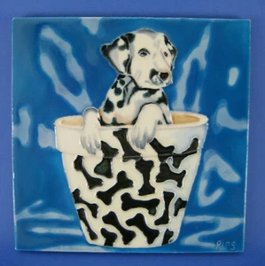 Dalmatian Dog Puppy 8 x 8 Art Tile Signed Ping Handcrafted Wall Trivet BD-0161 - Picture 1 of 2