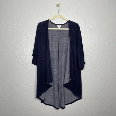 Lularoe Women S Lindsay Kimono Cardigan Navy Blue Yellow Polka Dot Knit Stretch - Image 1 of 4