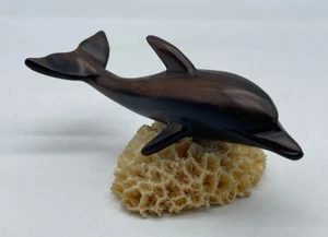 Wooden Dolphin on Coral Base Figurine Sculpture Beach House Decor - Picture 1 of 10