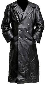 Men's German Classic WW2 Black Long Trench Navel Military Leather Jacket Coat