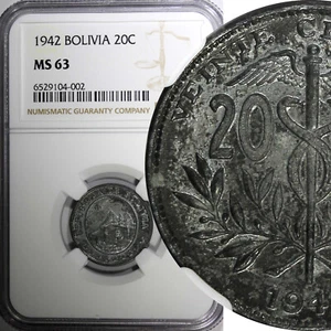 Bolivia Zinc 1942 20 Centavos NGC MS63 TOP GRADED BY NGC WWII KM#183 (2) - Picture 1 of 5