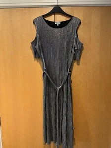 Ladies Silver Cold Shoulder Belted Plisse Midi Dress Size 14 - Picture 1 of 10