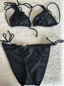 PLAYBOY BIKINI BLACK &  RHINESTONE BUNNYHEAD  SIZE SMALL & ACTUAL PICS - Picture 1 of 19