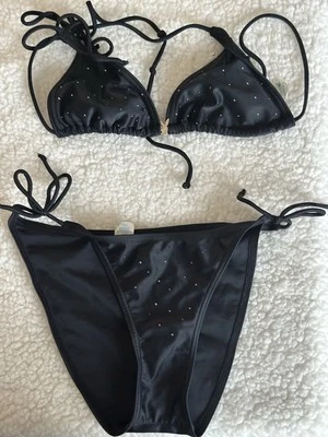 PLAYBOY BIKINI BLACK &  RHINESTONE BUNNYHEAD  SIZE SMALL & ACTUAL PICS - Image 1 of 4