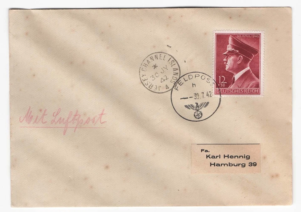 Jersey 1942 German stamp used on cover to Hamburg, Feldpost cancel + Jersy cds - Image 1 of 1