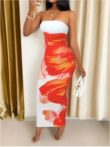 BamGleam Women's Fitted Strapless Color Blocking Floral Print Elegant Maxi Dress - Picture 1 of 6
