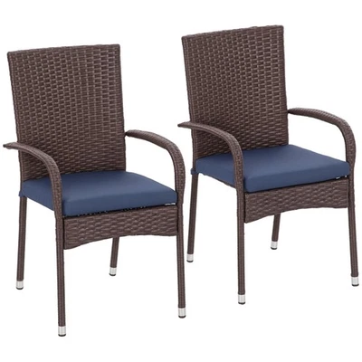 Outsunny Outdoor Dining Chairs w/ Cushion Patio Wicker Dining Chair, Blue - Image 1 of 4
