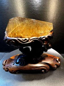 3,3 Pfund seltene natürliche goldene Rutil Quarz Kristall Mineral Probe + Basis - Bild 1 von 6