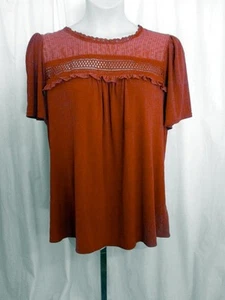 Reg Size 2XL Flower & Feathe Knit Top Lace Trim Flutter Sleeves Rusty Rose - Picture 1 of 4