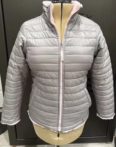North Face Mossbud Reversible Full Zip Coat Girl’s Grey & Blush Pink Sz XL EUC - Picture 1 of 12