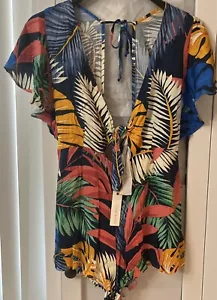 Olivaceous Women's Size S Tropical Tie Top One Piece Ruffle Shorts Romper - Picture 1 of 4