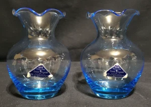 Morgantown Old Genuine Lead Crystal Handmade in USA Blue Crimped Glass Bud Vases - Picture 1 of 6
