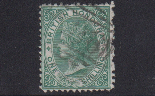 British Honduras Scott #7, SG #10aw One Shilling Used, P12.5, WATERMARK INVERTED - Image 1 of 2