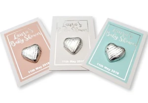 10X PERSONALISED SILVER FOIL BABY SHOWER FAVOUR CARDS CHOCOLATE HEARTS THANK YOU - Picture 1 of 2