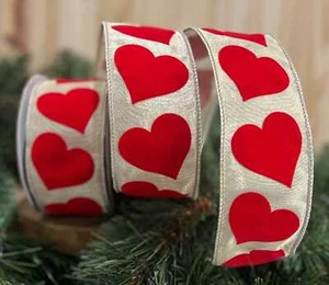 Cinta con cable corazones flocados rojos de 2,5 pulgadas Farrisilk suministros artesanales navideños - Imagen 1 de 5