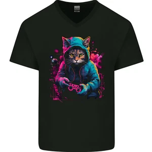 Camiseta De Algodón V-Neck Para Hombre Gamer De Gato Cool - Imagen 1 de 3